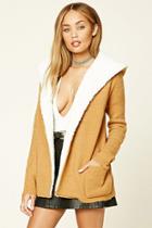 Forever21 Women's  Camel & Ivory Faux Shearling Hooded Cardigan