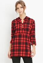 Forever21 Women's  Longline Hooded Plaid Top
