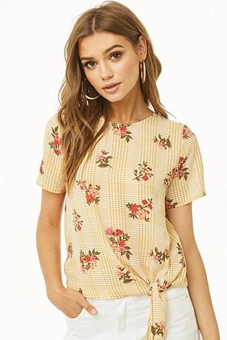 Forever21 Tie-front Floral Print Glen Plaid Top