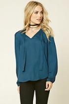 Forever21 Women's  Teal Satin Tie-neck Top