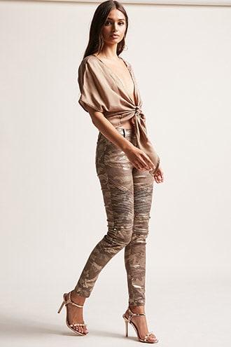 Forever21 Metallic Camo Print Moto Jeans