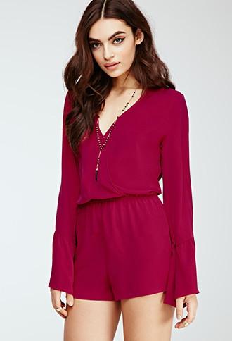 Forever21 Women's  Trumpet-sleeved Surplice Romper (magenta)