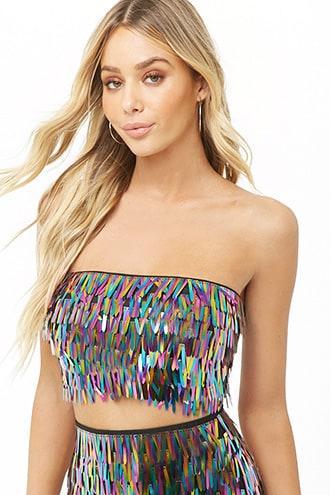 Forever21 Multicolor Fringe Sequin Cropped Tube Top