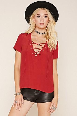 Forever21 Women's  Crinkled Lace-up Top