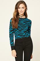 Forever21 Women's  Black & Turquoise Zebra Crew Neck Sweater