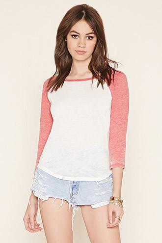 Forever21 Women's  Cream & Red Heathered Baseball Tee
