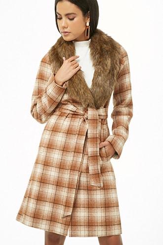 Forever21 Faux Fur Plaid Wrap Coat