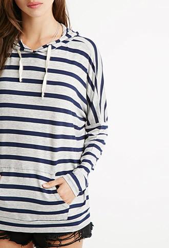 Forever21 Women's  Striped Drawstring Hoodie (heather Grey/navy)