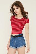 Forever21 Women's  Red & Cream Stripe Boat-neck Top