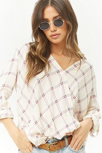 Forever21 Plaid High-low Surplice Shirt