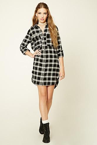 Forever21 Women's  Black & Cream Plaid Flannel Shirt Dress