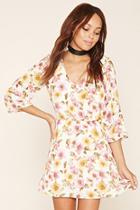 Forever21 Women's  Cream & Pink Floral Print Skater Dress