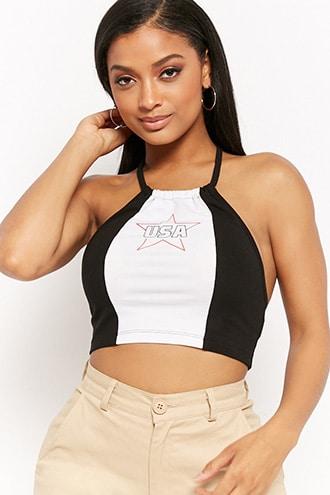 Forever21 Usa Graphic Halter Crop Top
