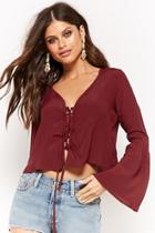 Forever21 Plunging Lace-up Trumpet-sleeve Top