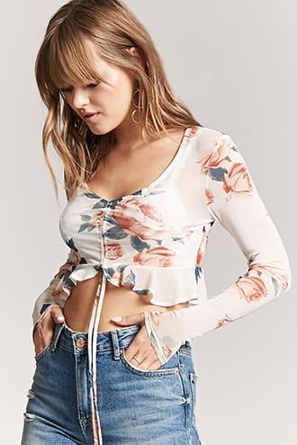 Forever21 Floral Sheer Mesh Ruched Crop Top