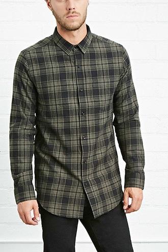 21 Men Men's  Olive & Black Classic Plaid Pocket Shirt