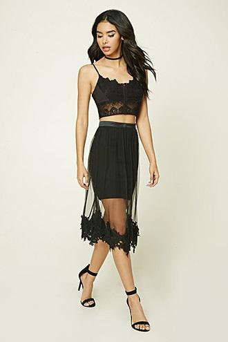 Forever21 Women's  Semi-sheer Tulle Crochet Skirt