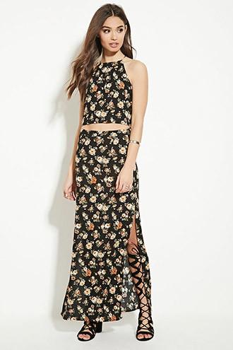 Forever21 Women's  Rose Print Maxi Skirt