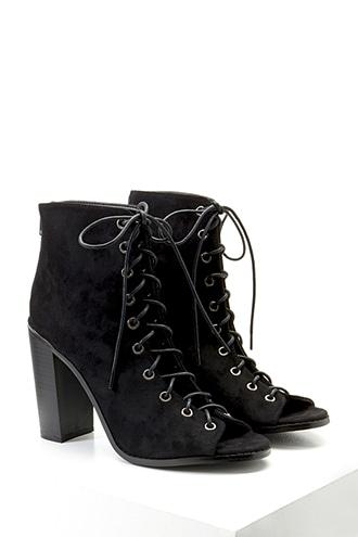 Forever21 Women's  Black Lace-up Faux Suede Booties