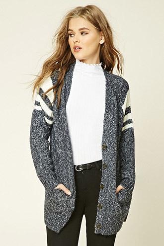 Forever21 Women's  Navy & Cream Marled Knit Cardigan