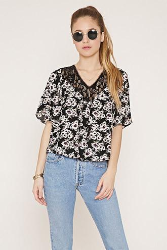 Forever21 Women's  Lace-paneled Floral Top