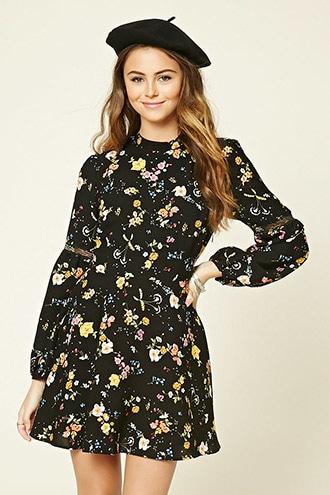 Forever21 Women's  Black & Cream Floral Print Mock Neck Dress