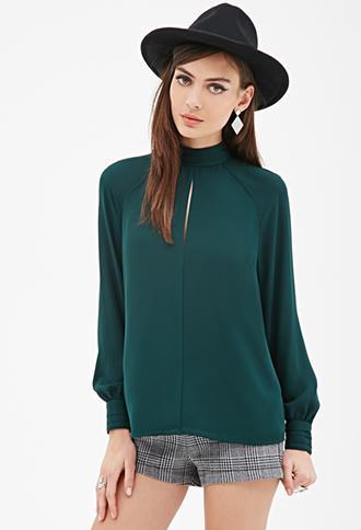 Forever21 Mock Neck Cutout Blouse Green Small