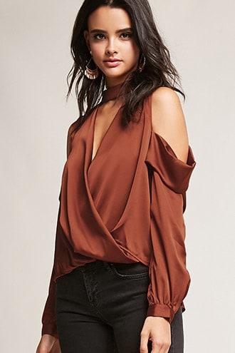 Forever21 Satin Surplice Open-shoulder Top