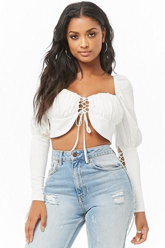 Forever21 Lace-up Puff-sleeve Crop Top