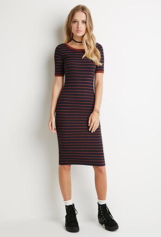 Forever21 Women's  Ribbed Stripe Bodycon Dress (navy/rust)