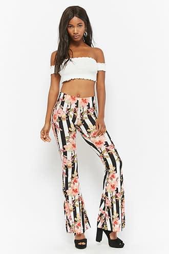Forever21 Striped Floral Flare Pants