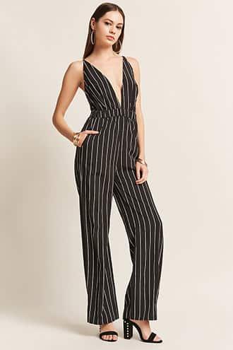 Forever21 Pinstripe Plunging Woven Jumpsuit
