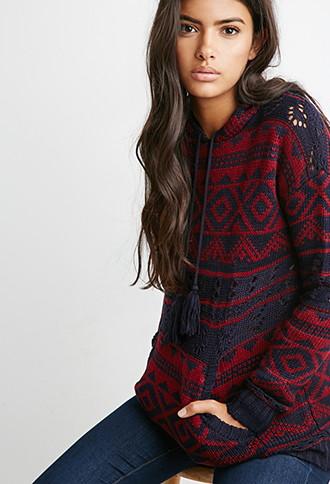 Forever21 Women's Open Knit Geo-patterned Hoodie (navy/burgundy)