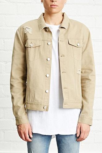21 Men Men's  Distressed Zipper Denim Jacket