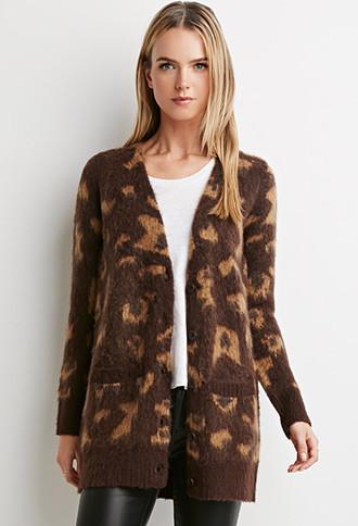 Love21 Fuzzy Leopard Pattern Cardigan
