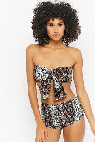 Forever21 Floral Paisley Self-tie Bandeau & High-waist Bikini Set