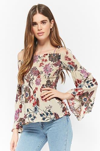 Forever21 I The Wild Floral Smocked Open-shoulder Top