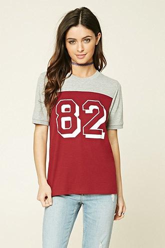 Forever21 Women's  Burgundy & Grey 82 Graphic Colorblock Tee