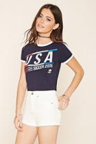 Forever21 Women's  Blue & White Usa Soccer Ringer Tee