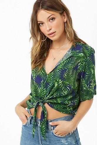 Forever21 Palm Leaf Print Tie-front Top