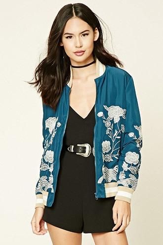 Forever21 Women's  Floral Embroidered Jacket