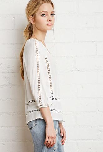 Forever21 Women's  Cream Dotted Crochet Peasant Blouse