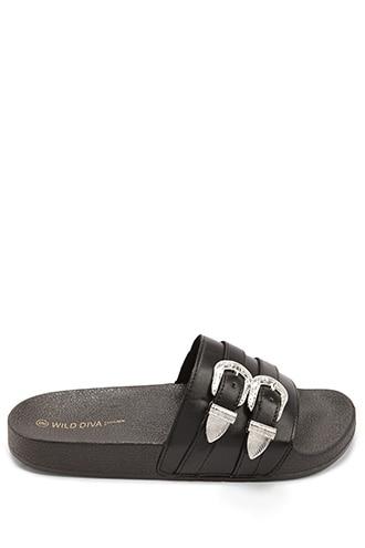 Forever21 Double-buckle Faux Leather Slides