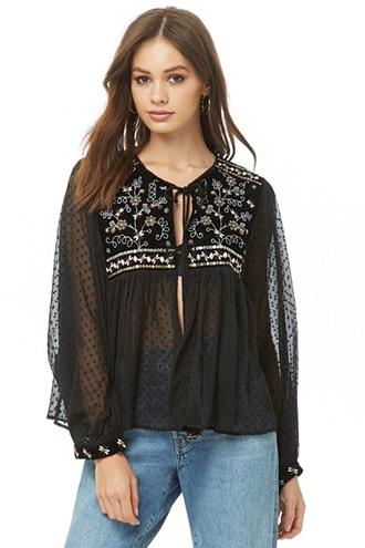 Forever21 Embroidered Clip Dot Peasant Top