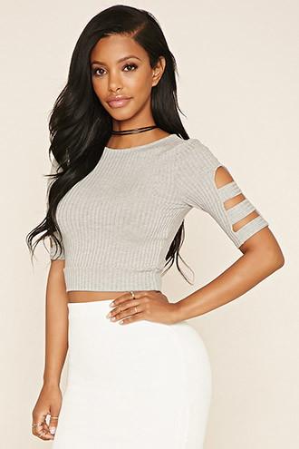 Forever21 Women's  Heather Grey Cutout-sleeve Crop Top