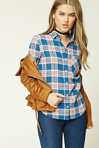 Forever21 Women's  Dark Blue & Blush Tartan Plain Flannel Shirt