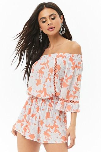 Forever21 Off-the-shoulder Geo Trim Floral Romper