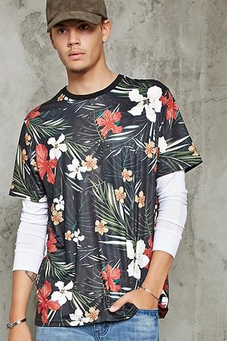 21 Men Men's  Black Tropical Floral Print Tee