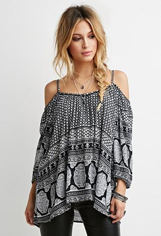 Forever21 Open-shoulder Brocade Print Top