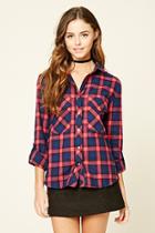 Forever21 Women's  Royal & Hot Pink Snap-button Plaid Flannel Shirt